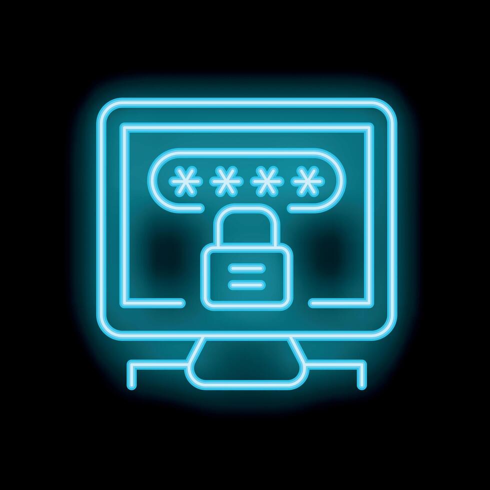 Neon computer icon displaying password protected screen with padlock vector