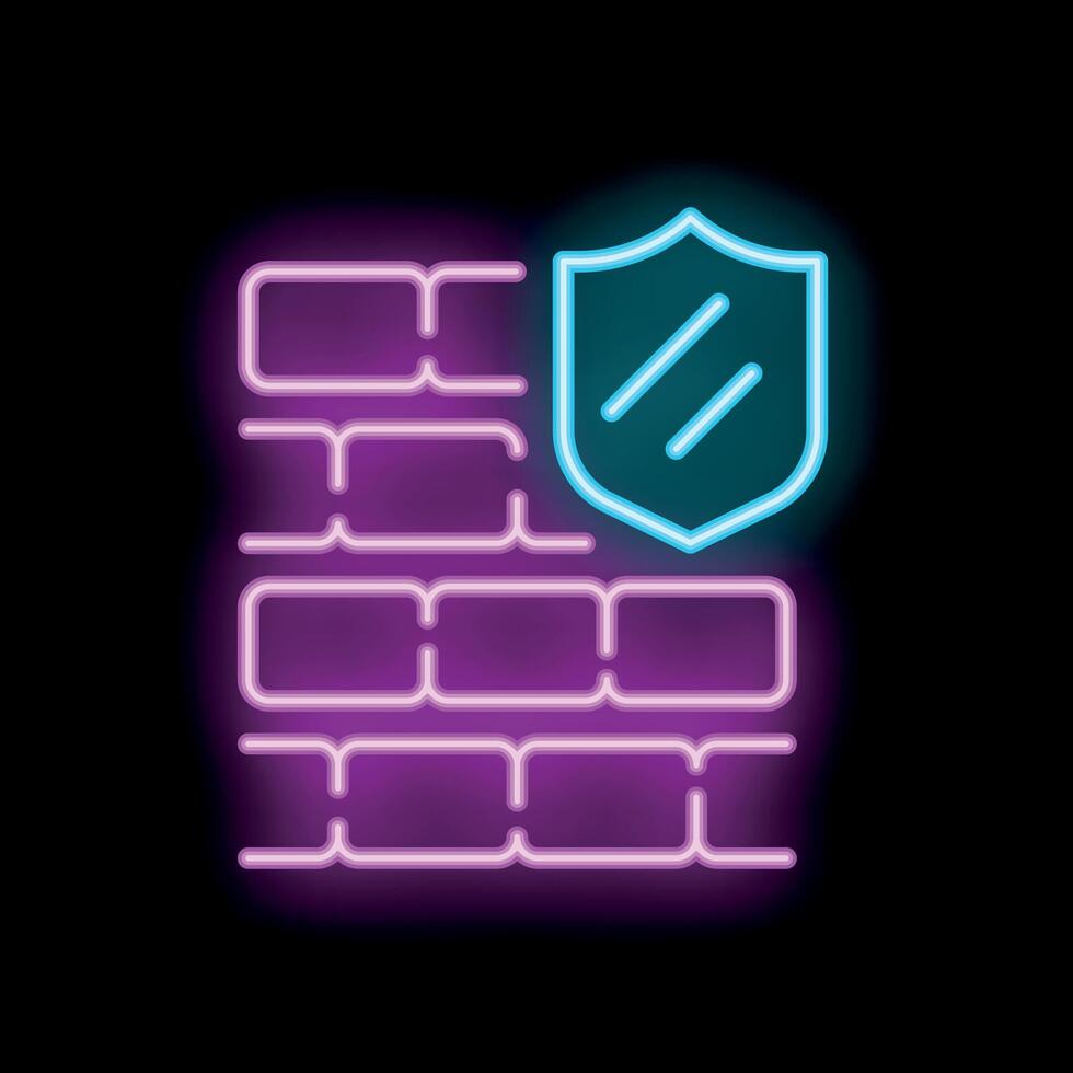 Neon icon of shield protecting brick wall on black background vector