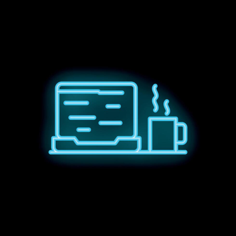 Neon sign showing laptop with code and hot coffee mug vector
