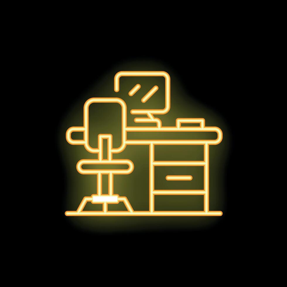 Glowing neon icon of workplace with computer on desk vector