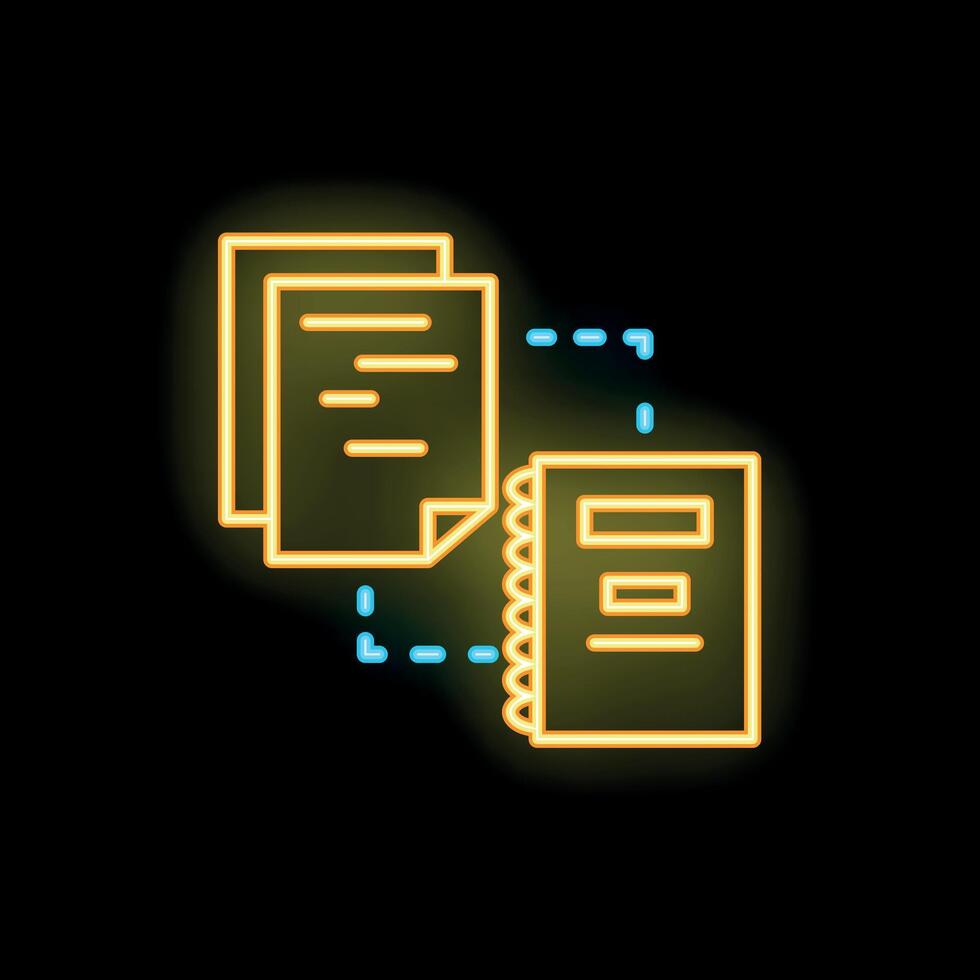 Neon icon of documents transferring to a notebook representing data synchronization vector