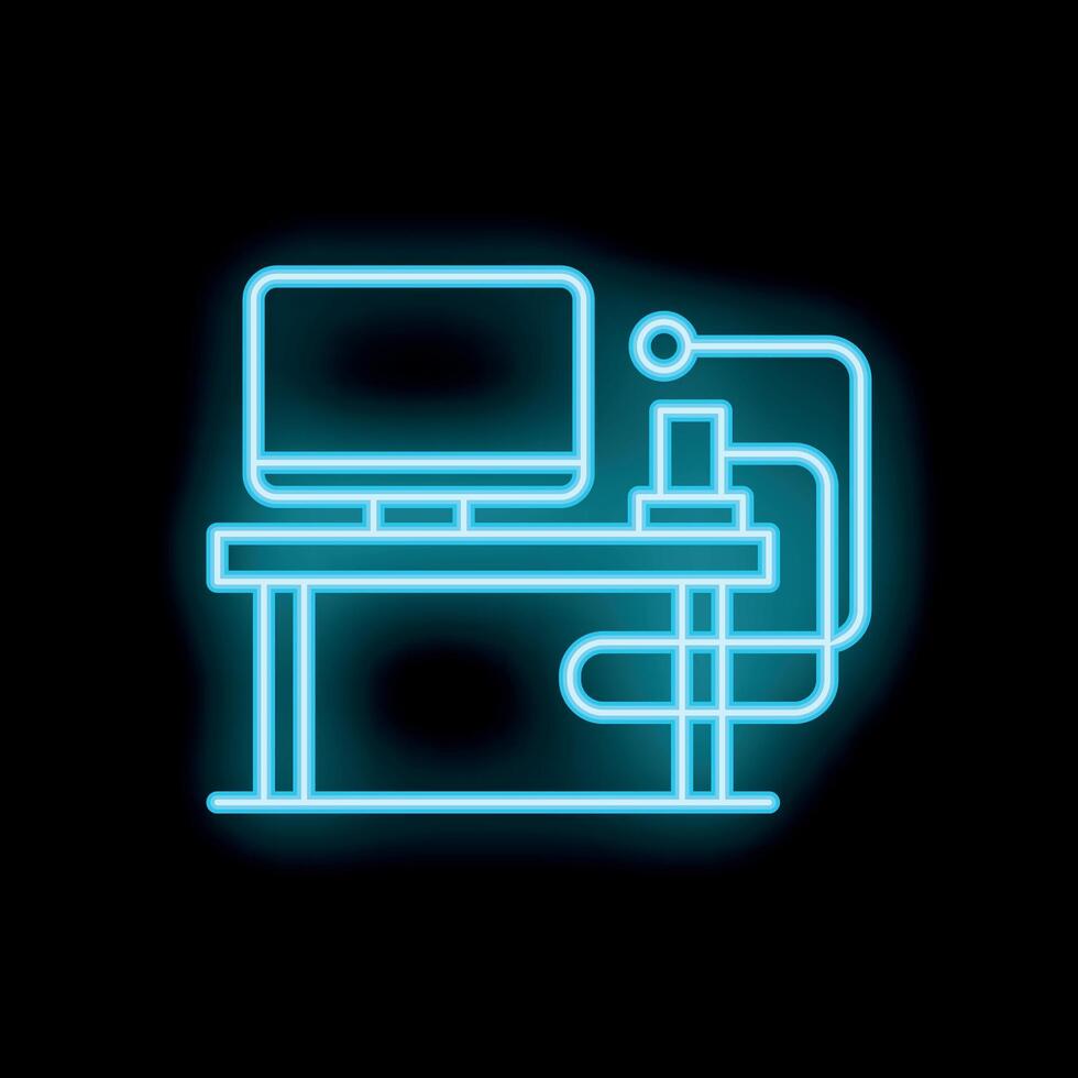 Neon blue office desk with computer icon representing workspace vector