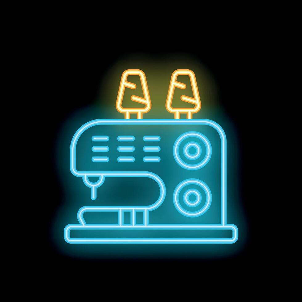 Neon icon of sewing machine glowing on black background vector