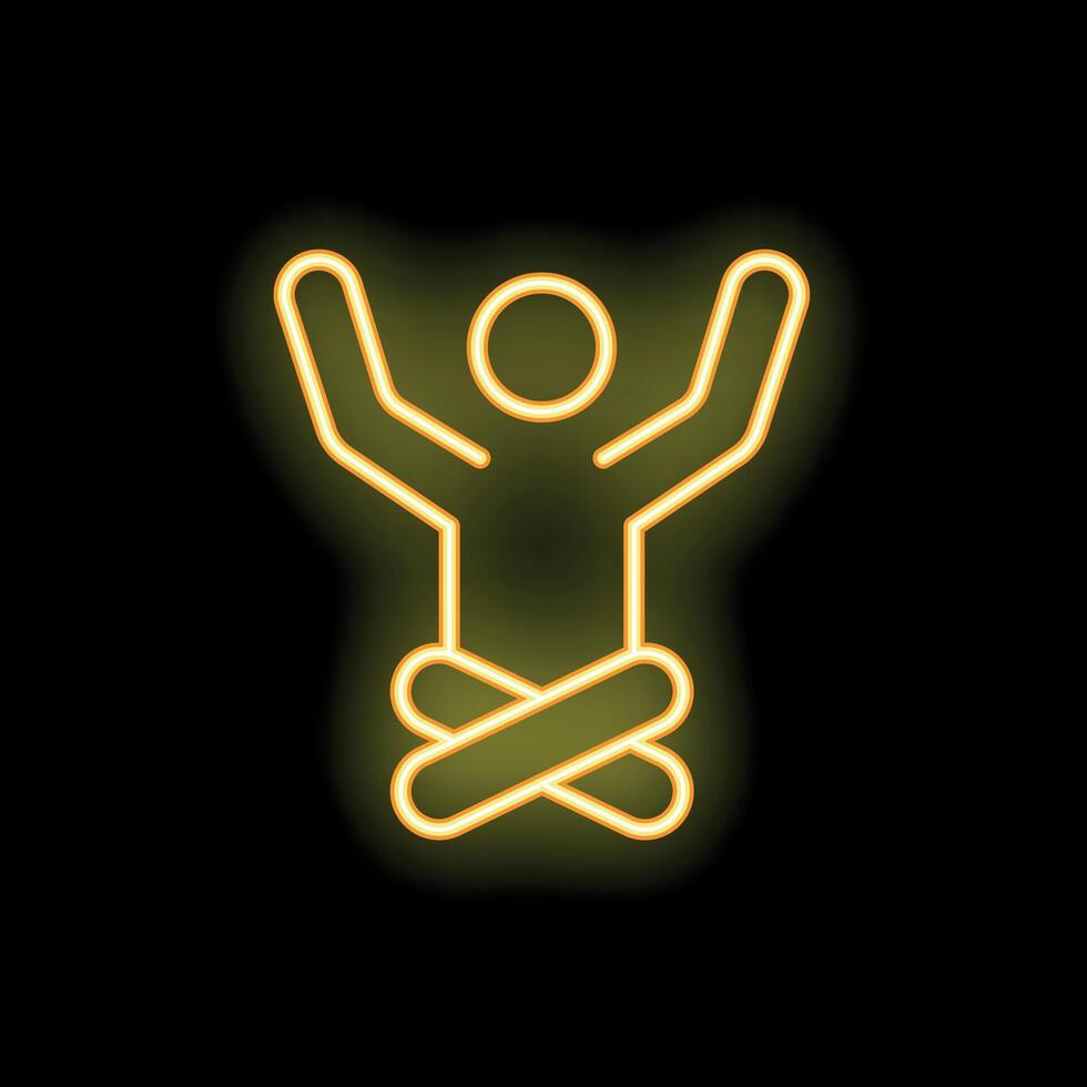 Neon yellow stick figure meditating raising arms in lotus position vector