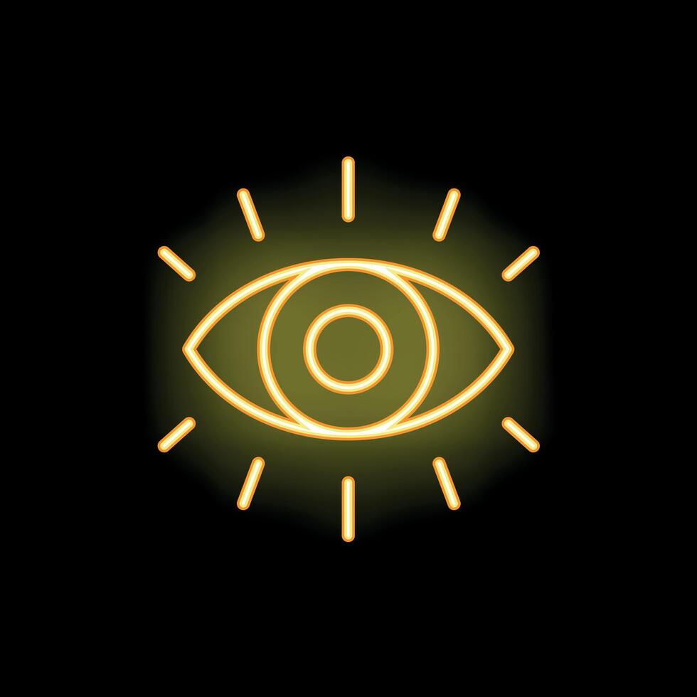 Neon eye shining with bright yellow light on black background vector