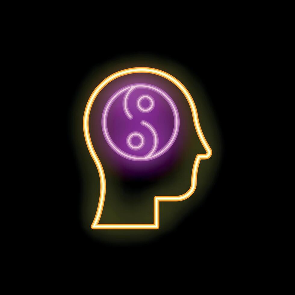 Neon sign of human head with yin yang symbol inside representing balance vector