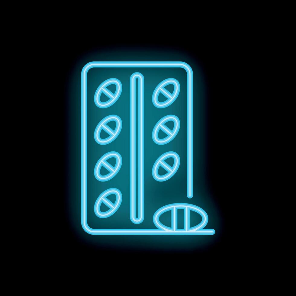 Blue neon icon of a blister pack with pills lying next to it glowing on a black background vector