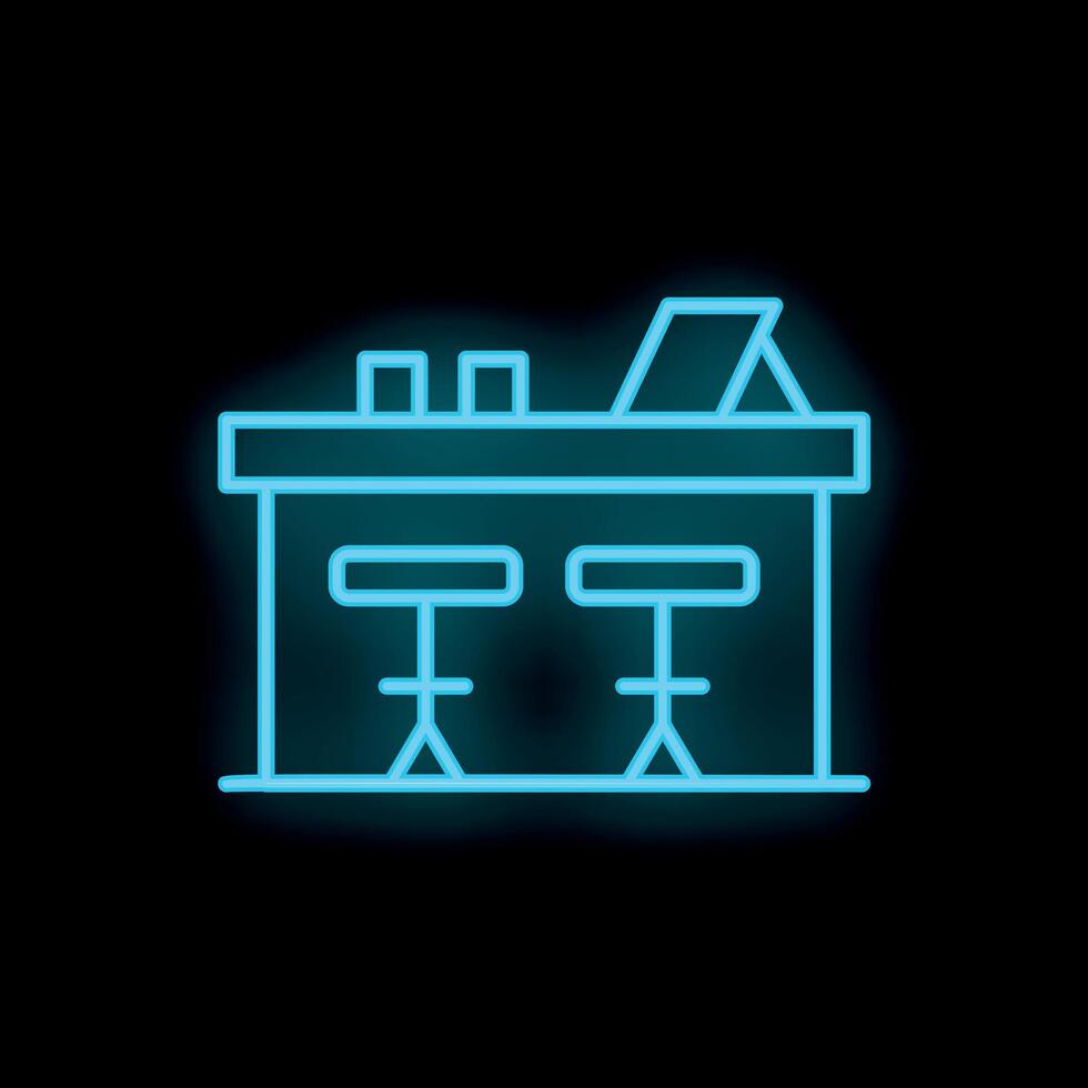 Neon bar counter with stools shining on black wall background vector