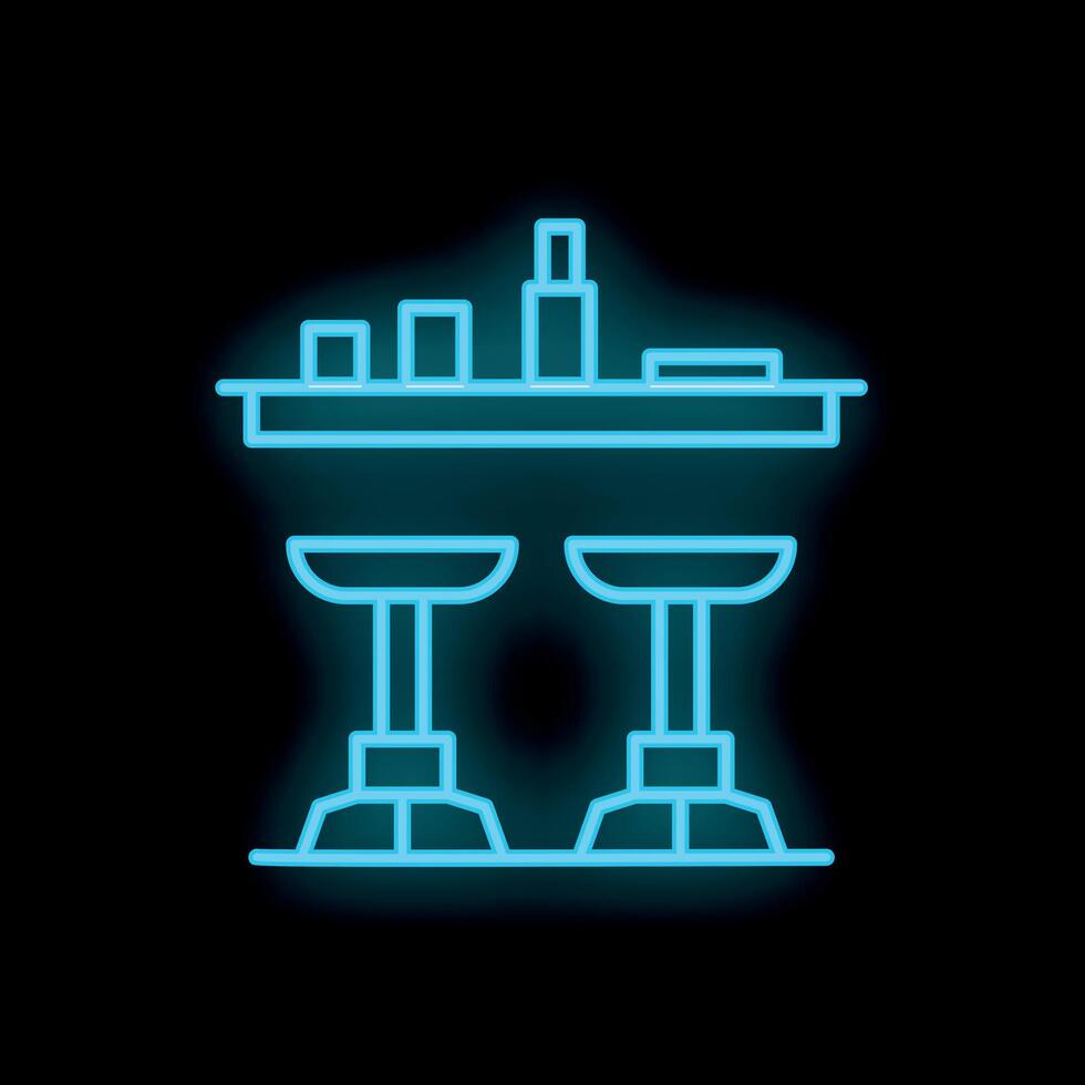 Neon sign of bar counter with high chairs glowing on black background vector