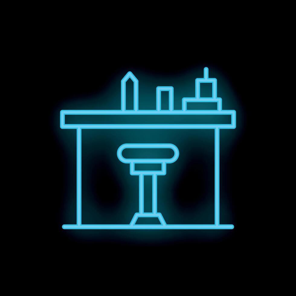 Neon office desk with chair and supplies icon on black background vector