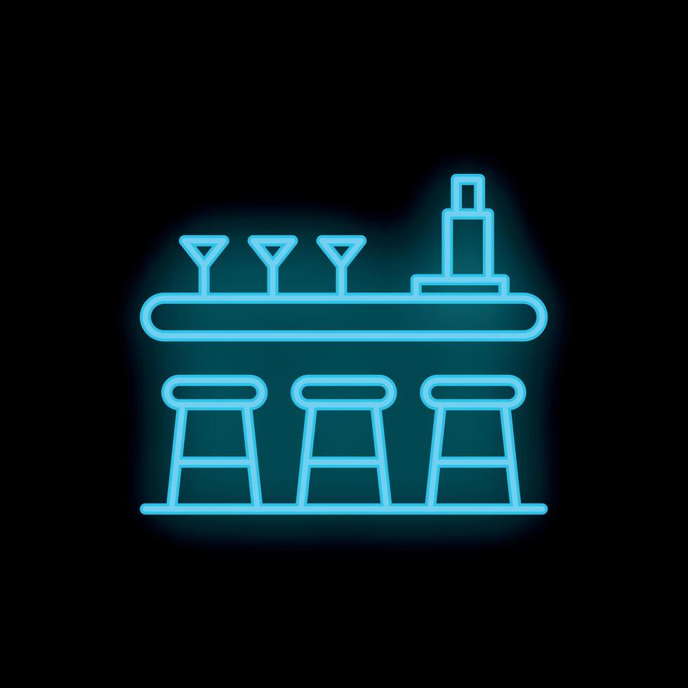 Neon sign depicting bar counter with stools and martini glasses on black background vector
