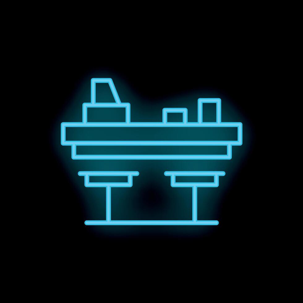 Bright blue neon icon of an offshore oil platform is glowing on a dark background vector