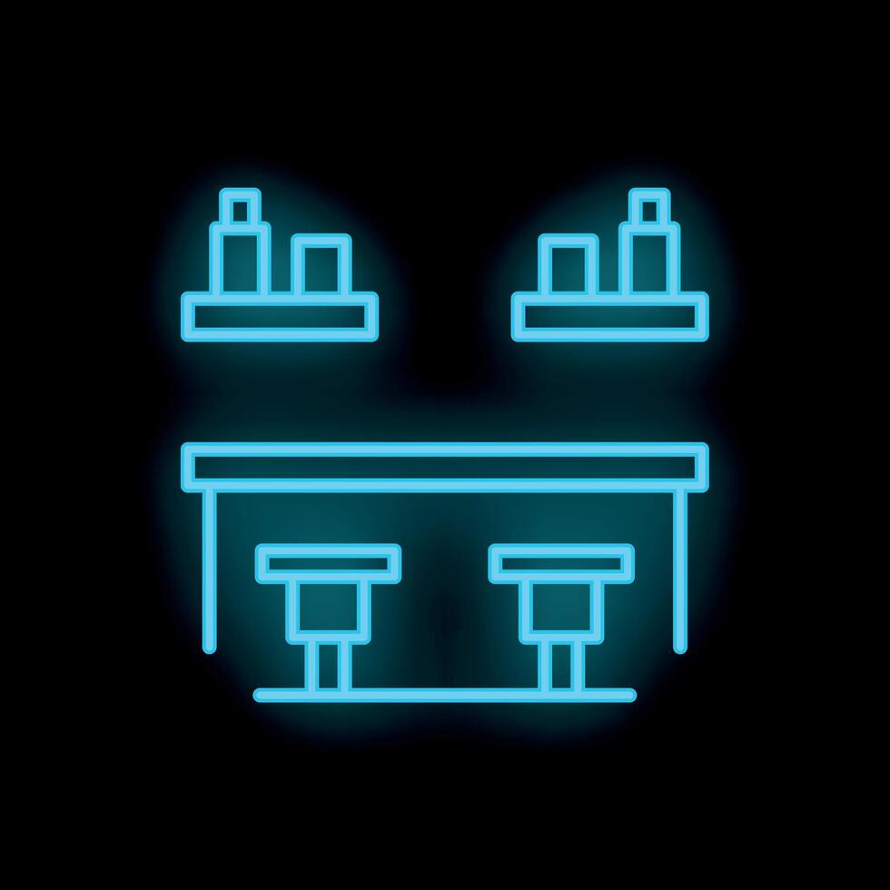 Neon bar counter with stools and shelves glowing on black wall background vector