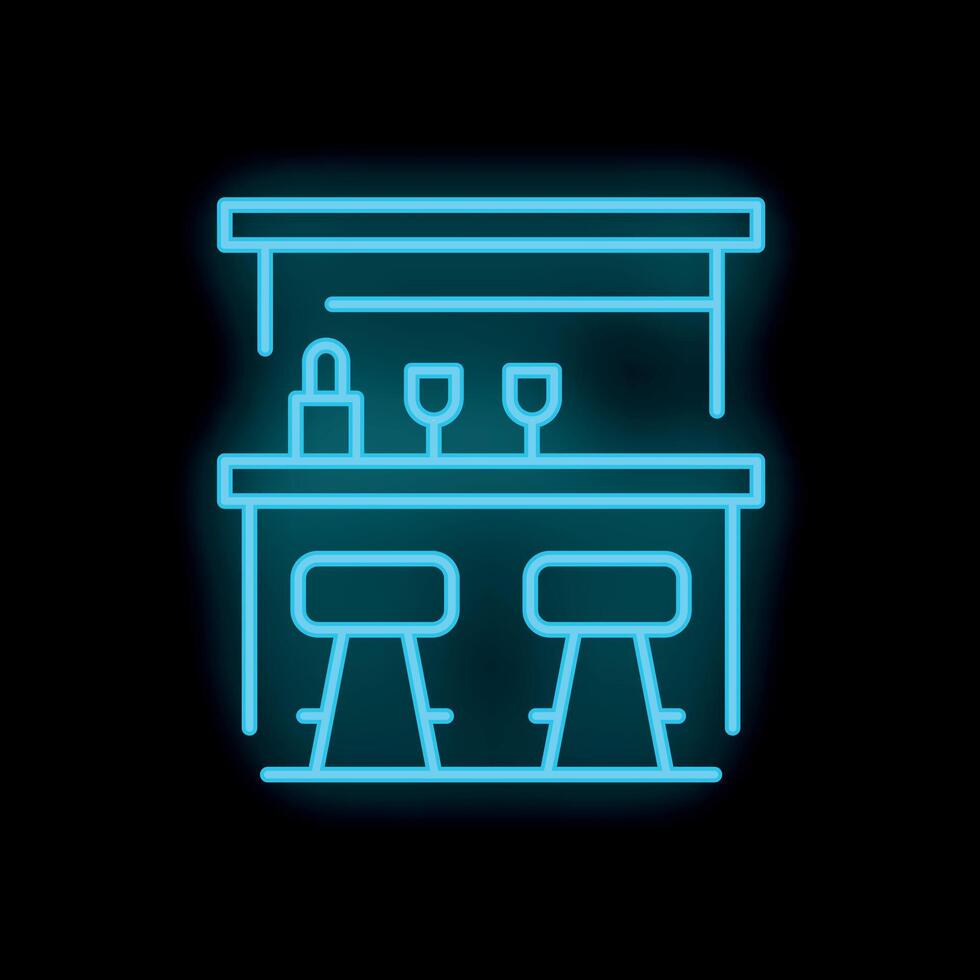 Neon bar counter with stools shining on black wall background vector