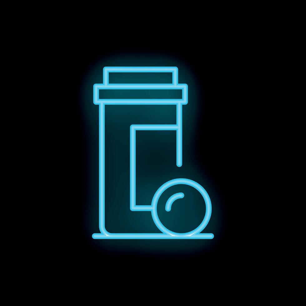 Blue neon sign showing medicine bottle with open pill bottle and pill on black background vector