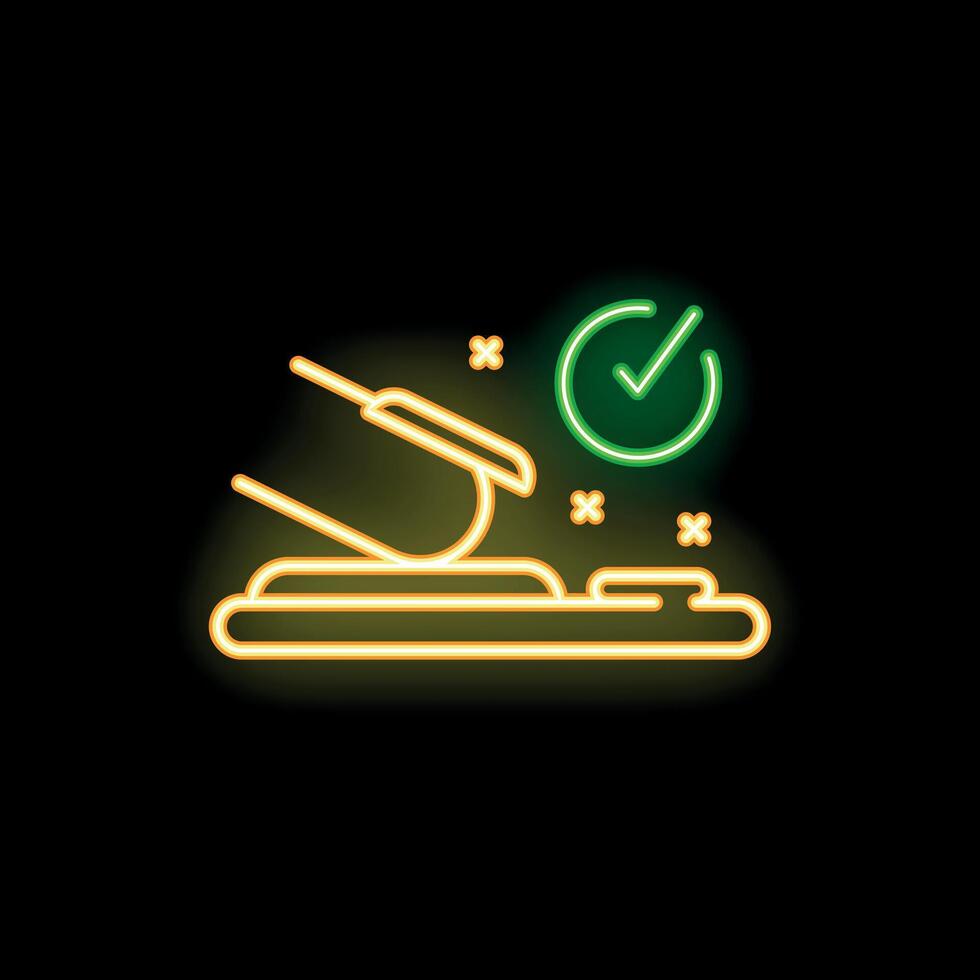 Neon sign of hand using a stapler on documents with a check mark icon vector