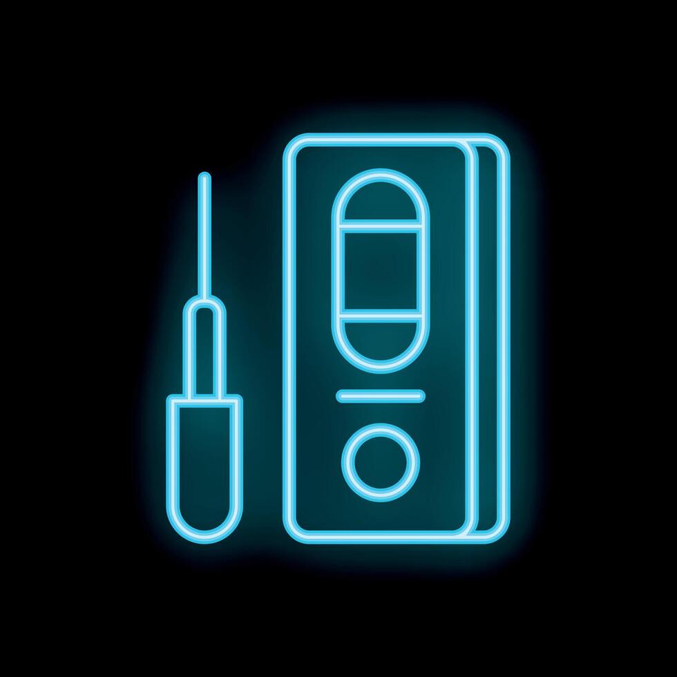 Glowing neon line icon of glucometer with lancet pen for blood glucose test vector