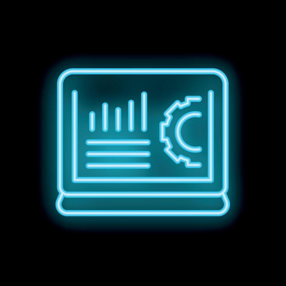 Neon blue laptop showing business analysis with charts and gears icon vector