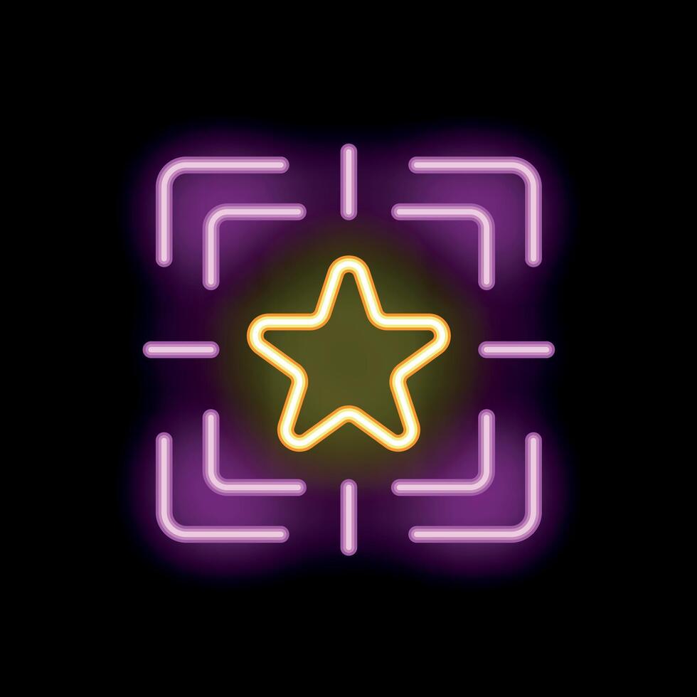 Neon sign showing star surrounded by square lines on black background vector