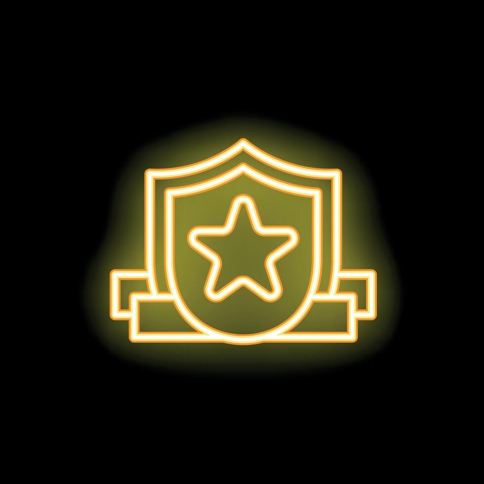 Neon shield with star and banner glowing on black background vector