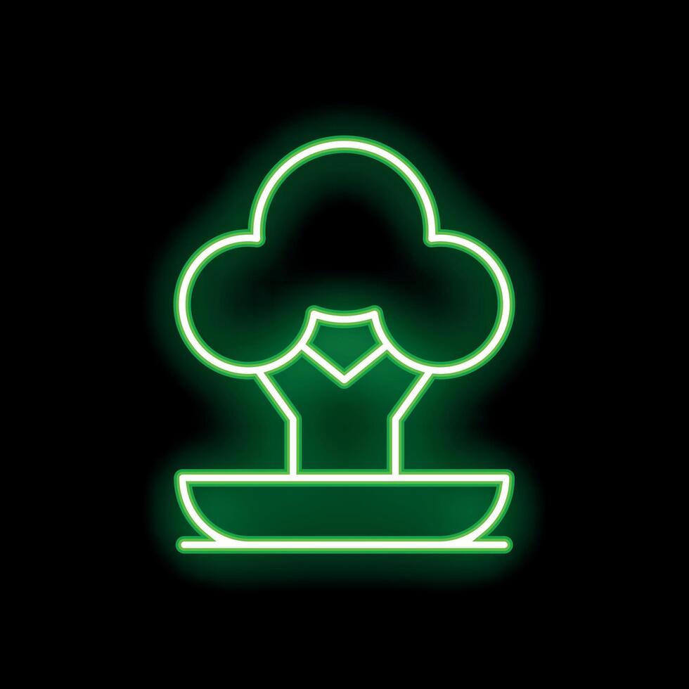 Green neon sign of bonsai tree on black background vector