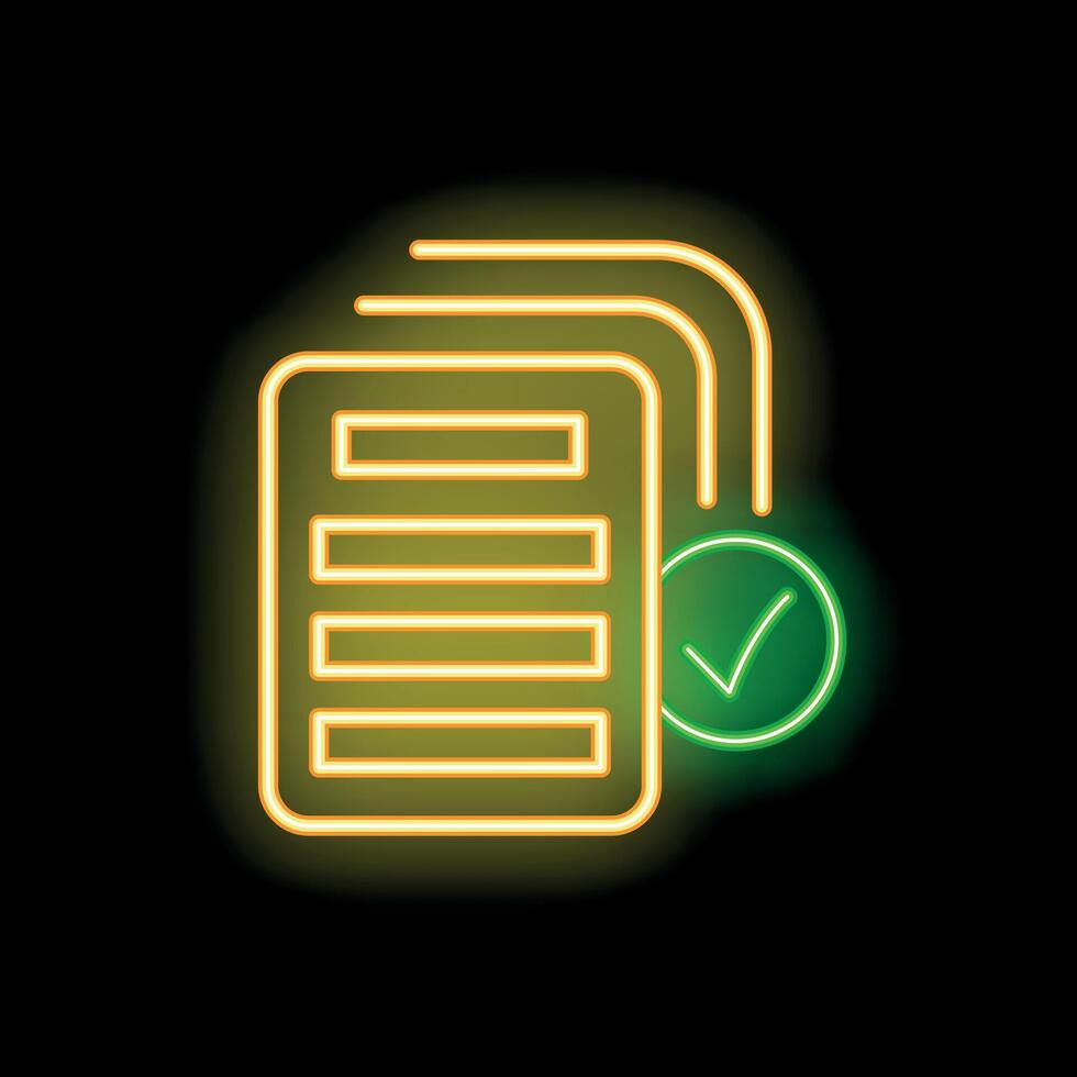 Neon icon of documents with checkmark on black background vector