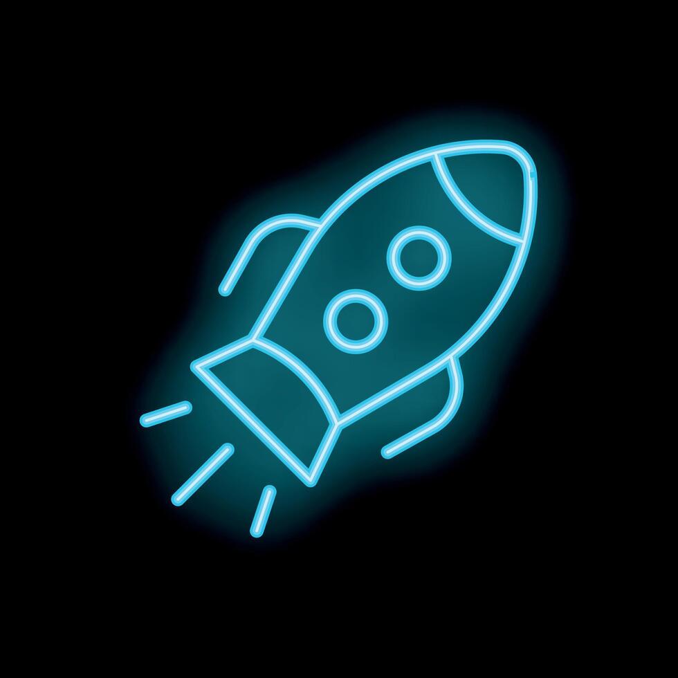 Neon blue spaceship taking off from earth vector