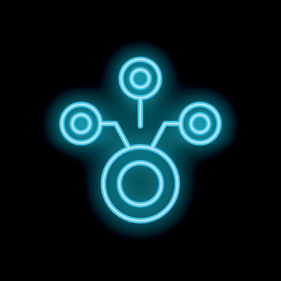 Neon blue hierarchy structure connecting circles icon on black background vector