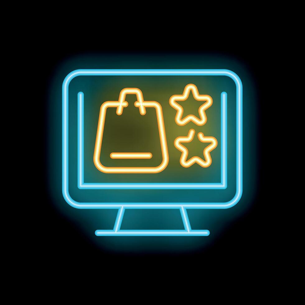 Neon icon of computer screen showing customer rating with shopping bag and stars vector