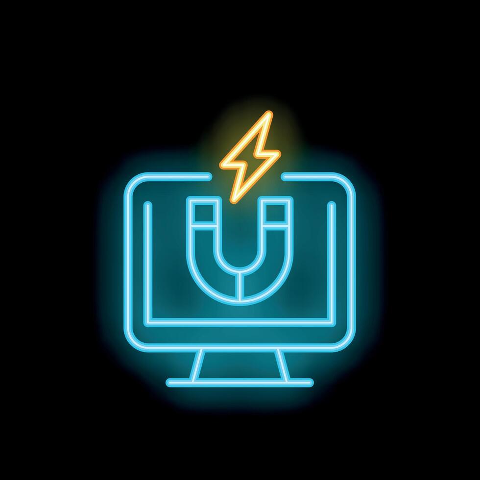 Neon icon of computer screen showing magnet attracting customers vector