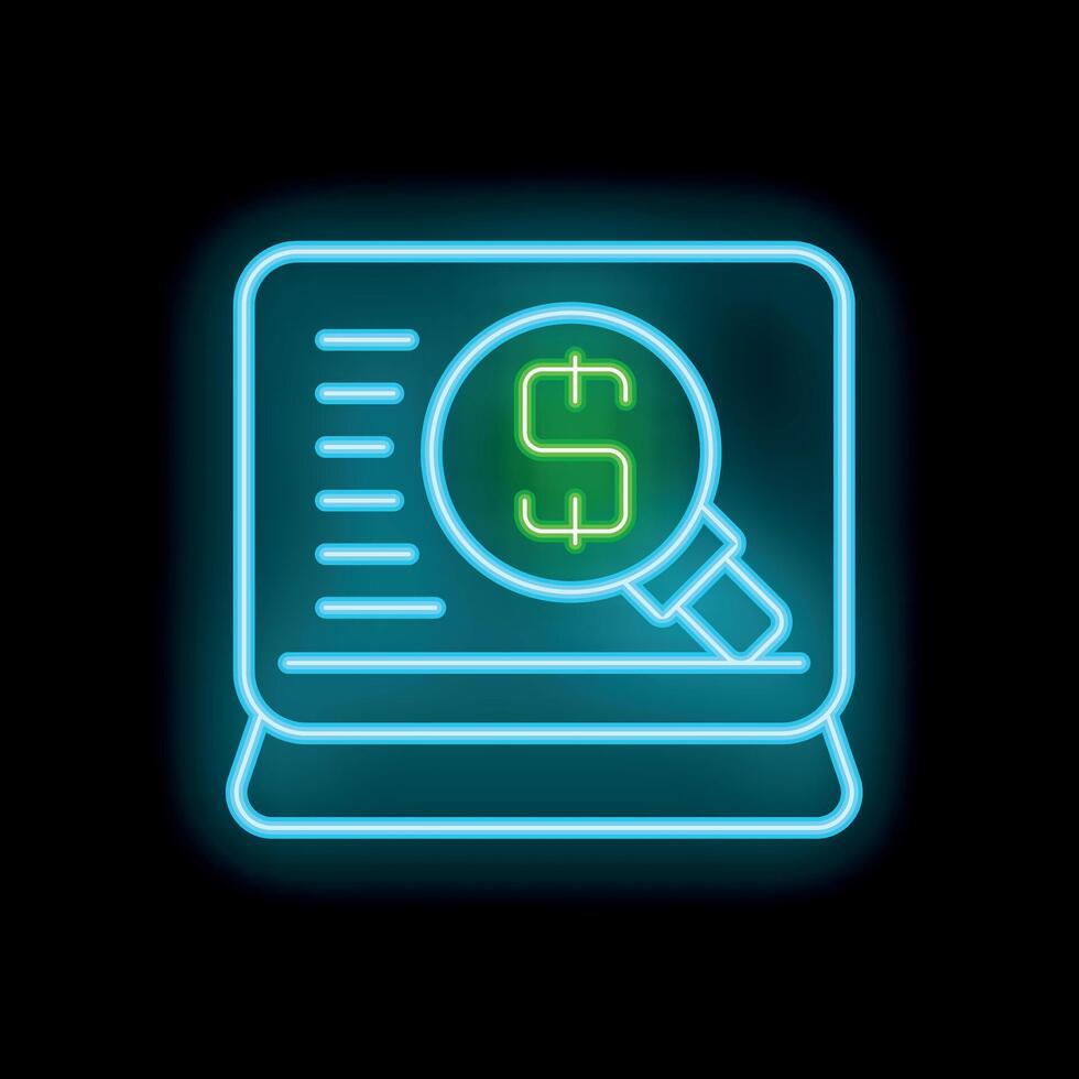 Neon icon of magnifying glass searching for money on laptop screen vector