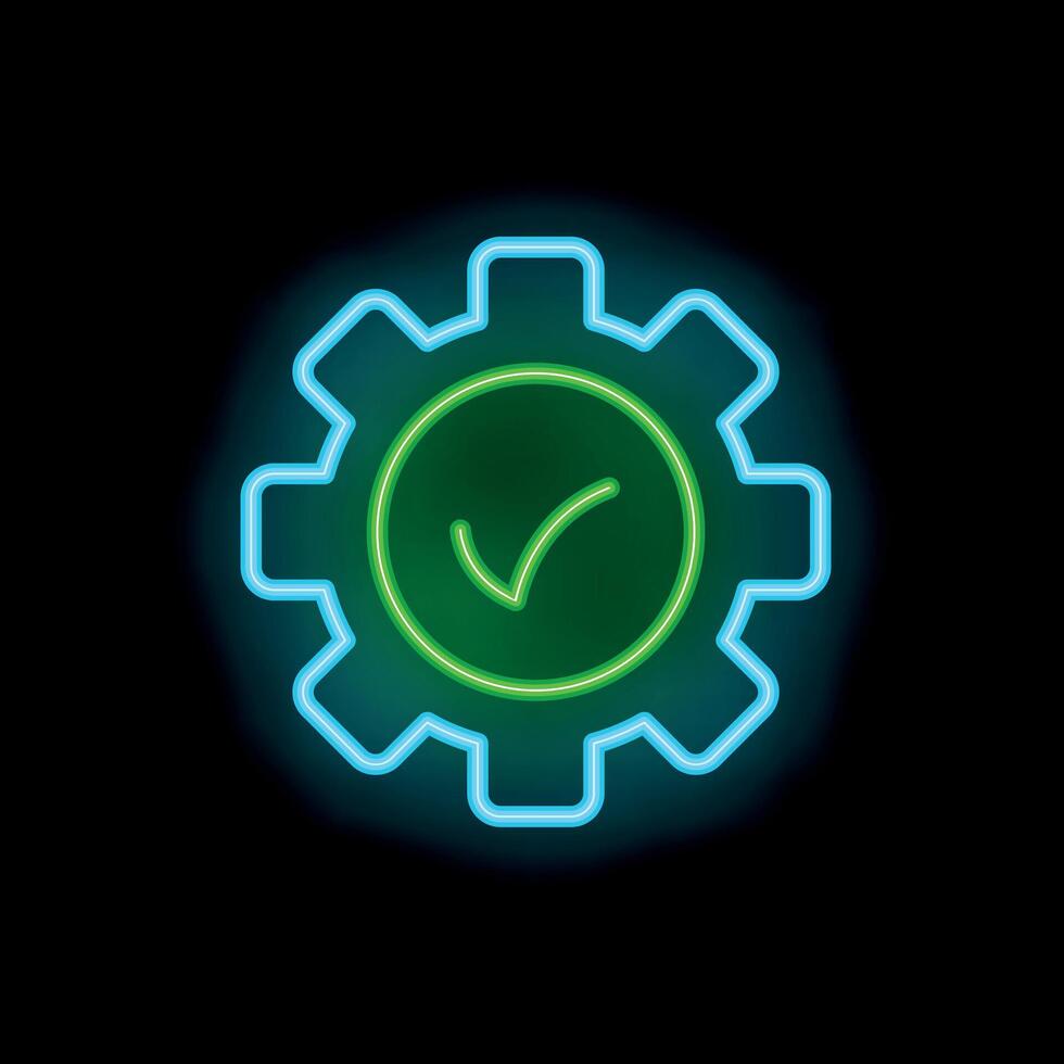 Neon green check mark inside blue gear on black background vector