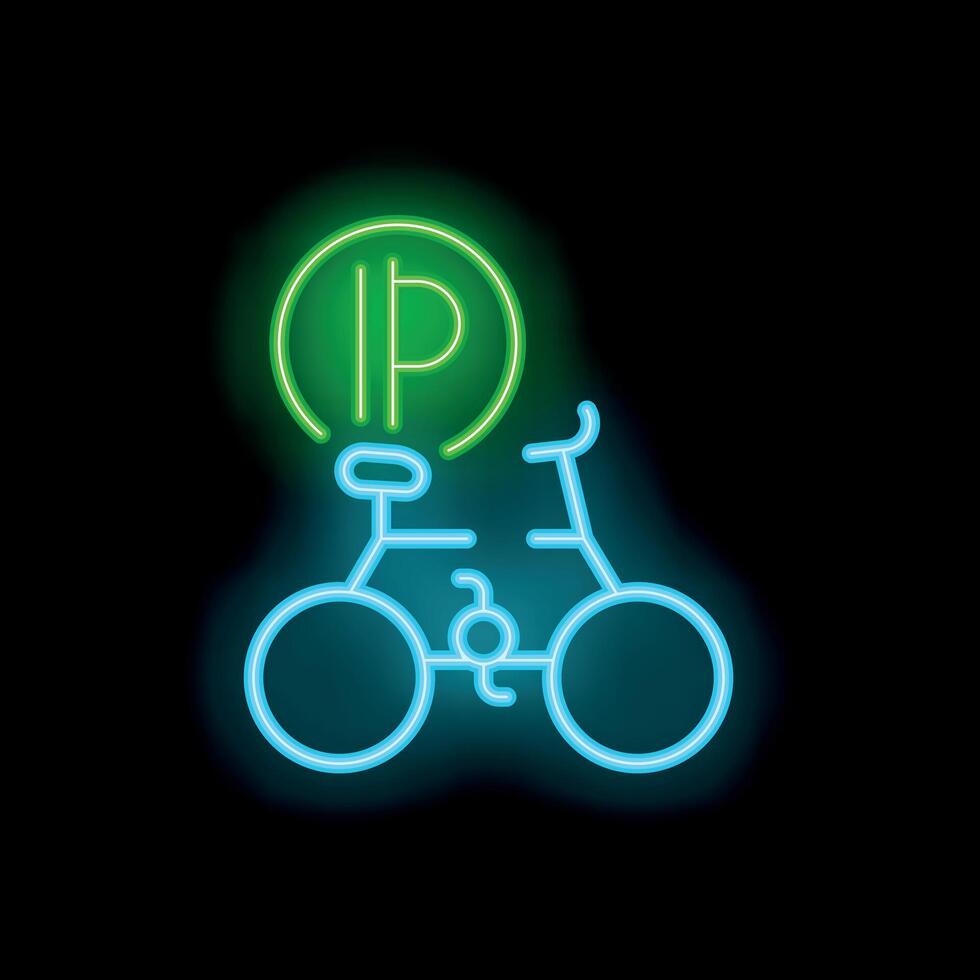 Neon sign of bicycle with intellectual property symbol representing bike sharing business vector