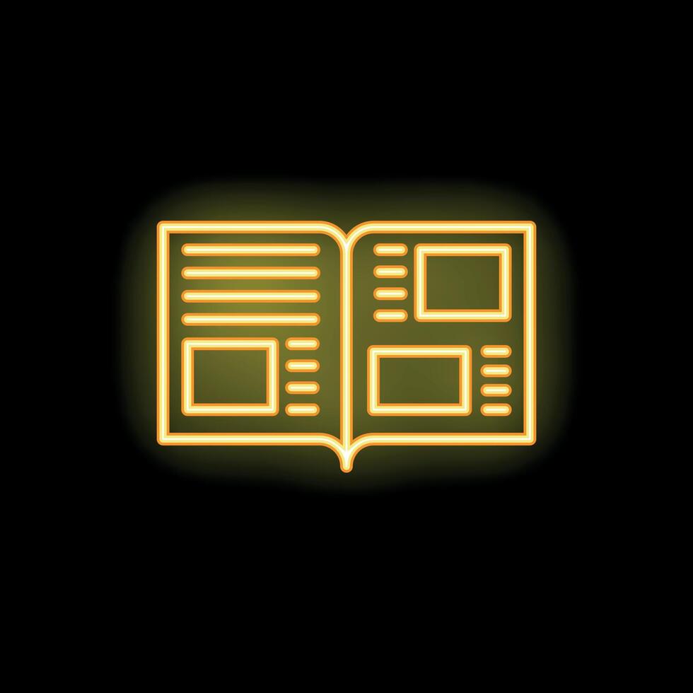 Neon yellow open book icon glowing on dark background vector