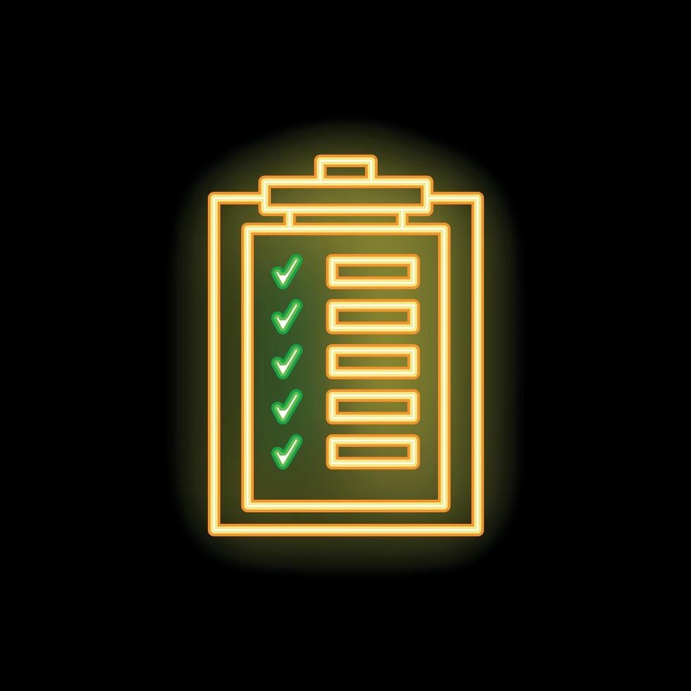 Neon icon of clipboard with checklist and green check marks on black background vector