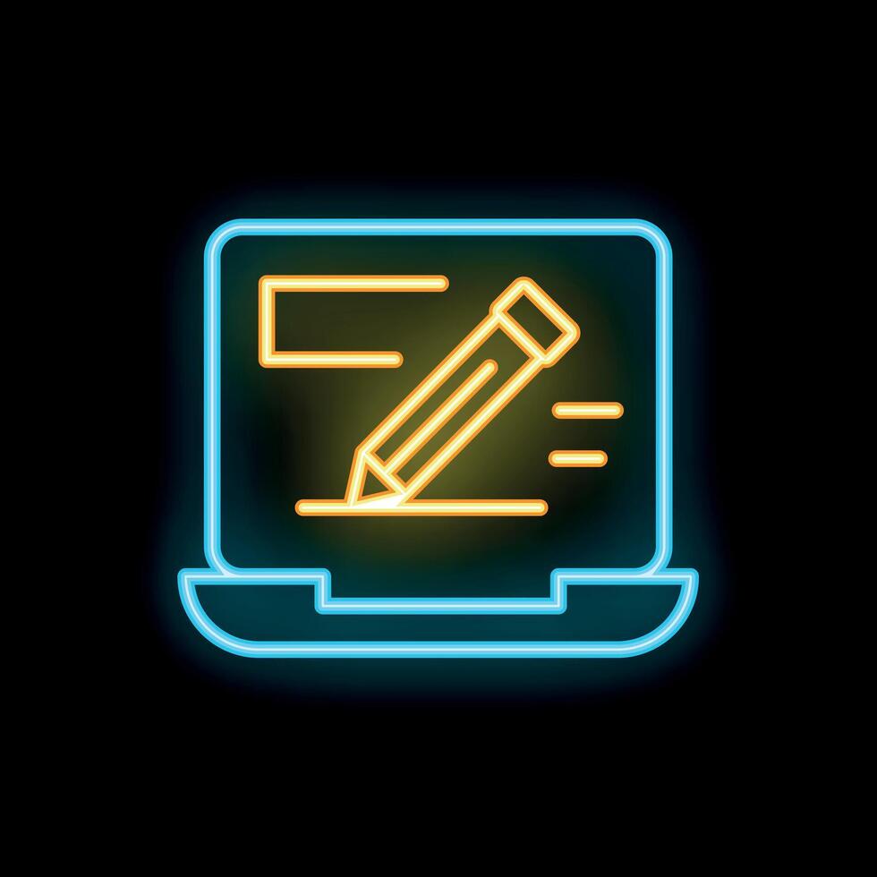 Neon laptop writing icon representing online content creation vector