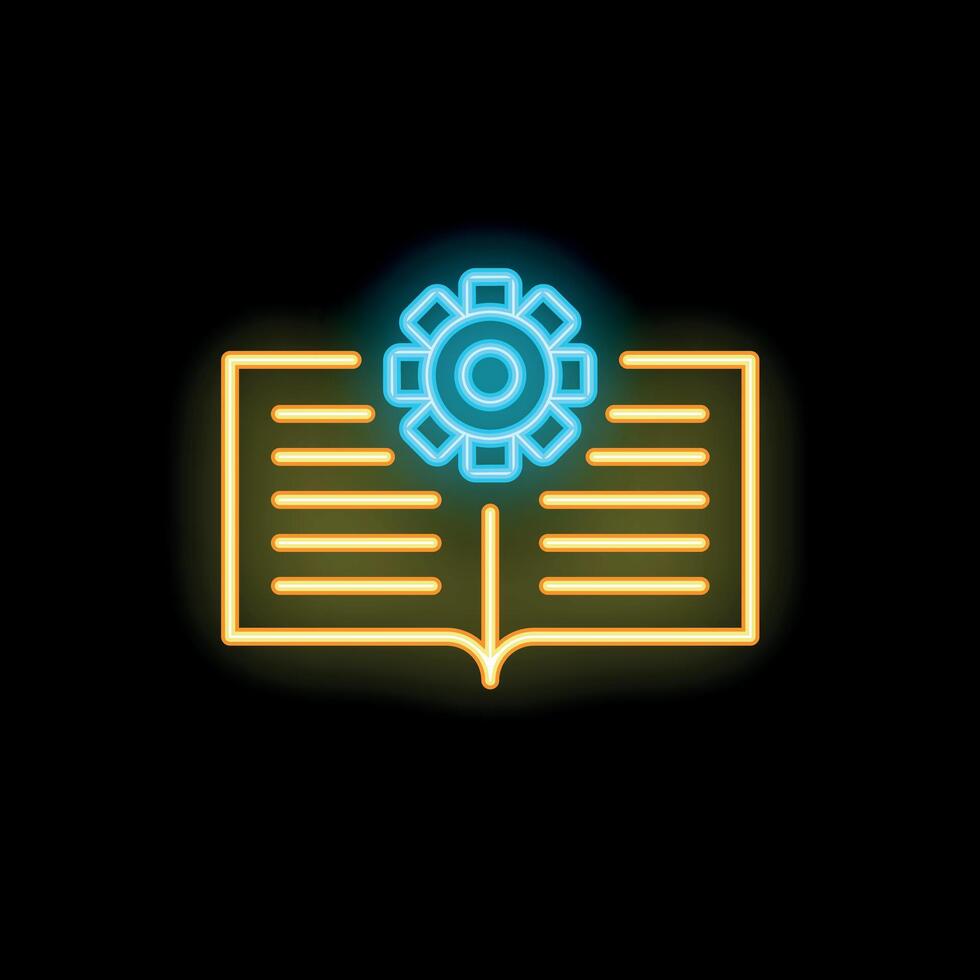 Neon icon of open book with gear for knowledge concept vector