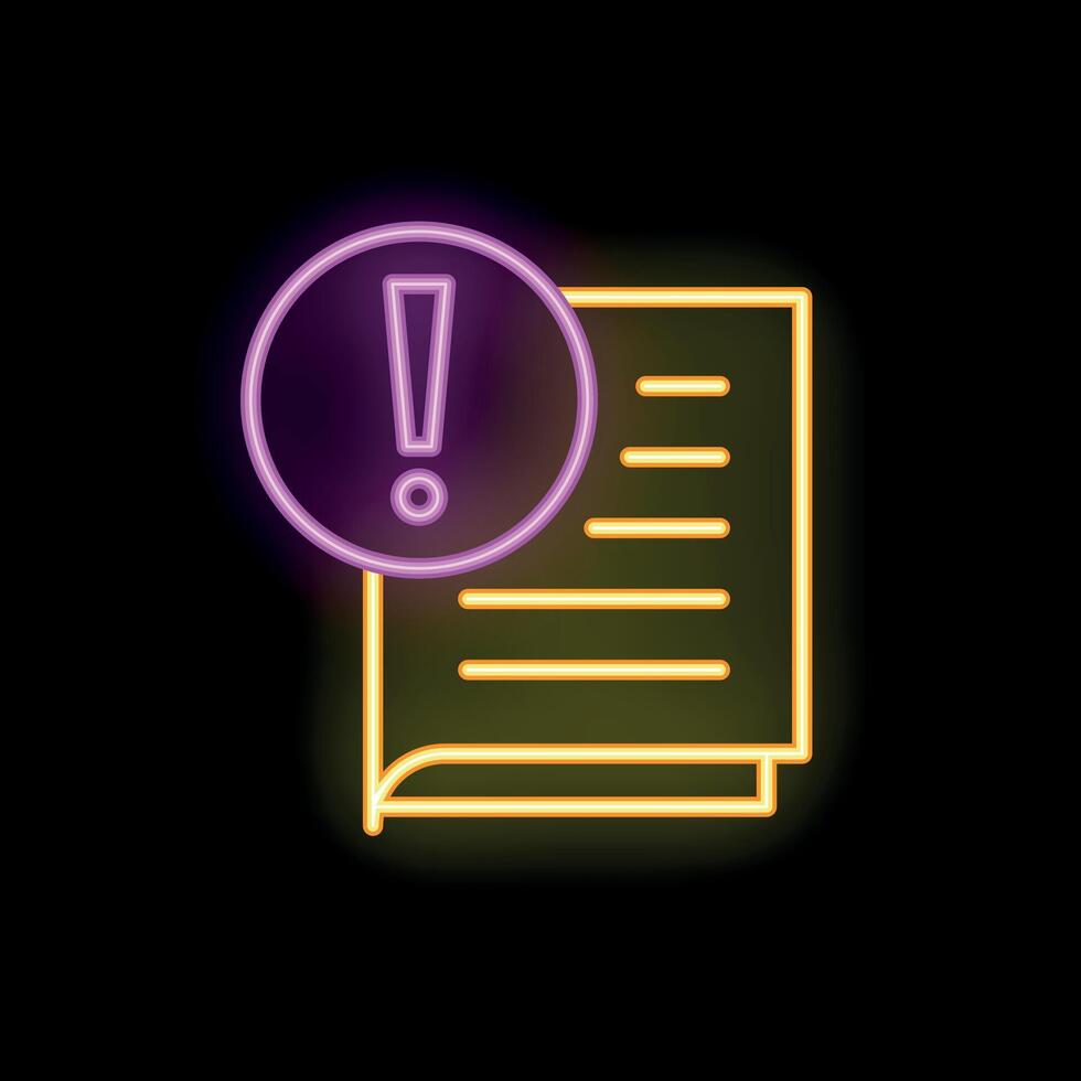 Neon exclamation point warning sign on document icon vector