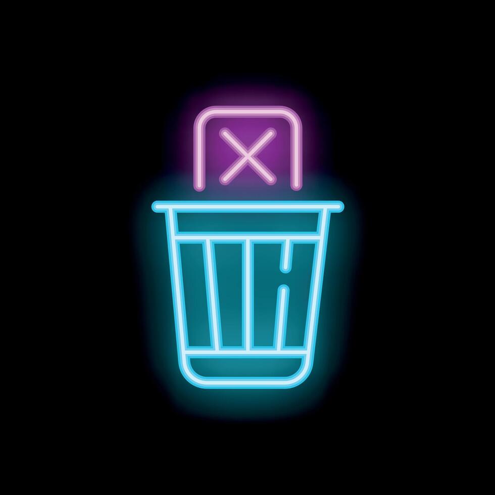 Neon sign representing deleting email message with cross sign and trash can on black background vector