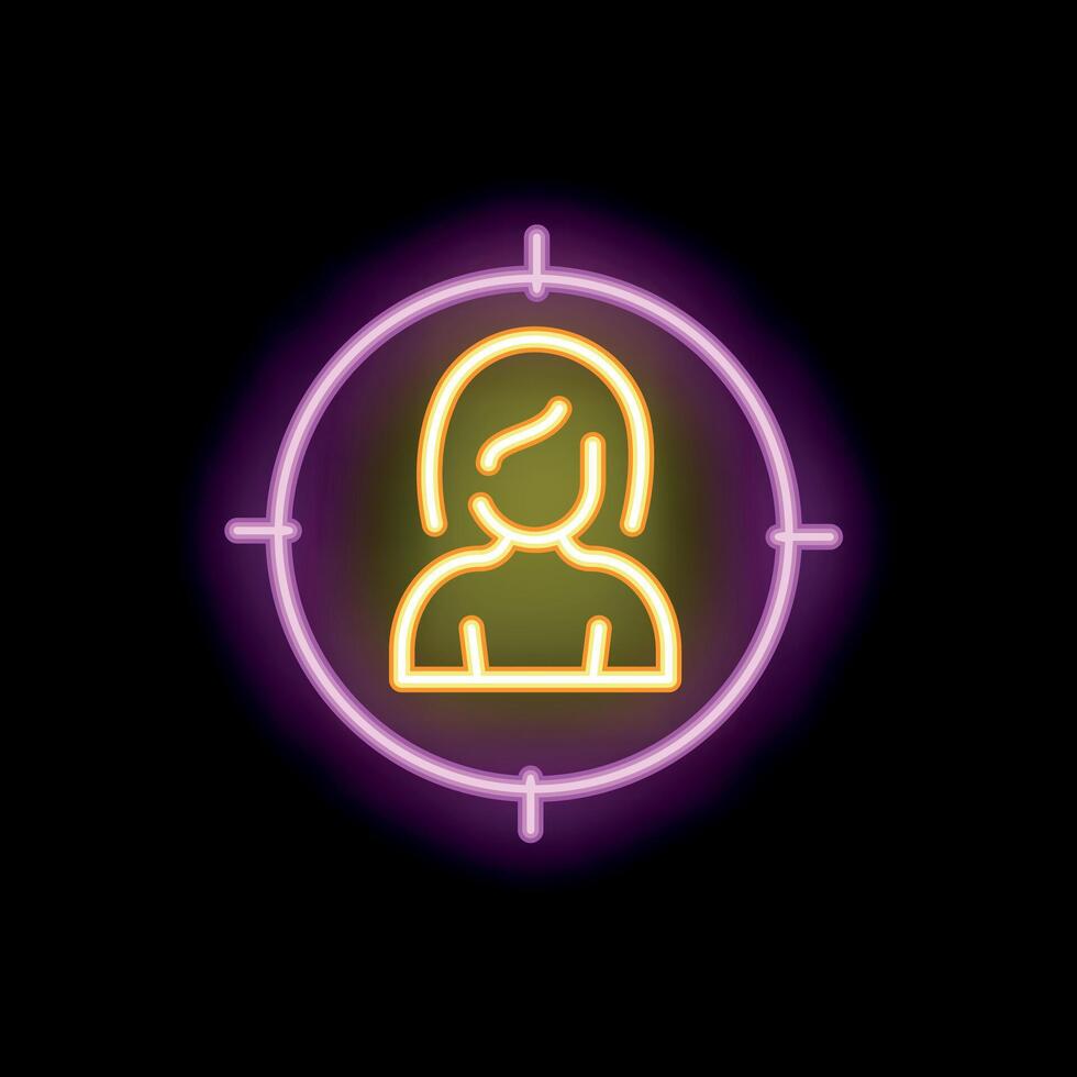 Neon icon of target audience with woman in crosshair vector