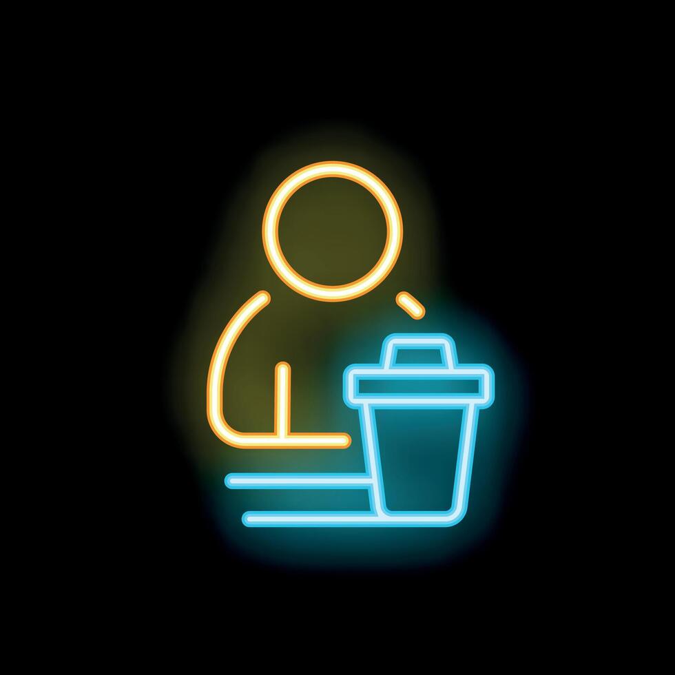 Person throwing away trash in bin neon sign icon vector