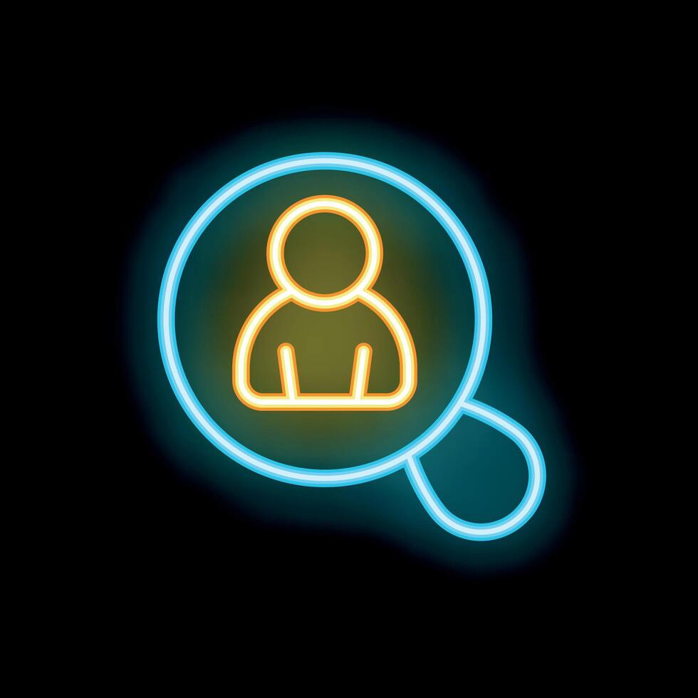 Neon magnifying glass focusing on a person icon vector