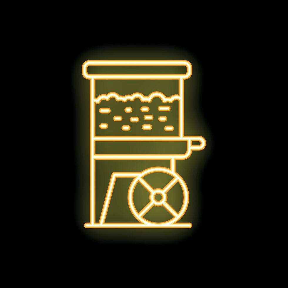 Neon icon of popcorn machine radiating warm yellow light in the dark vector