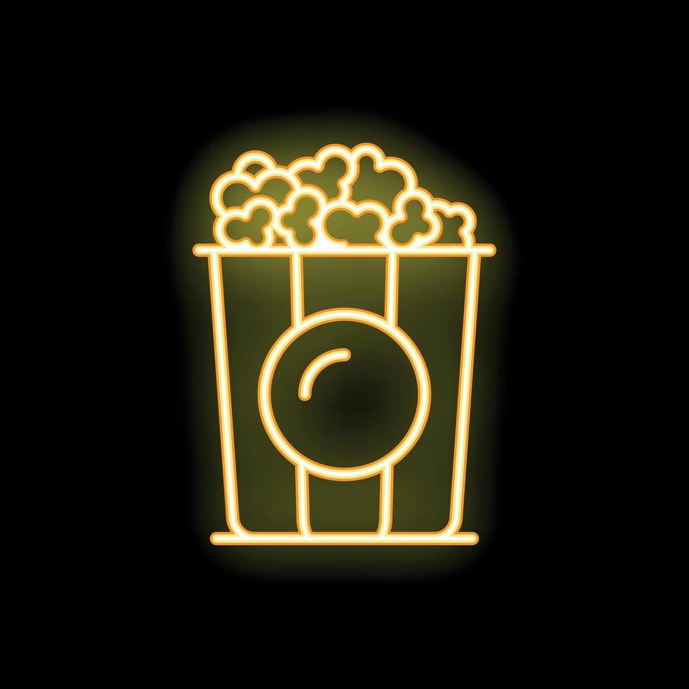 Glowing neon sign of popcorn bucket on black background vector