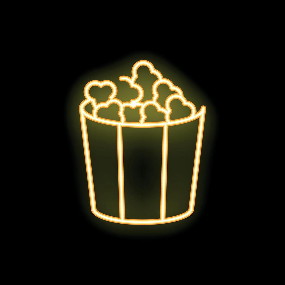 Neon sign of popcorn bucket glowing on black background vector