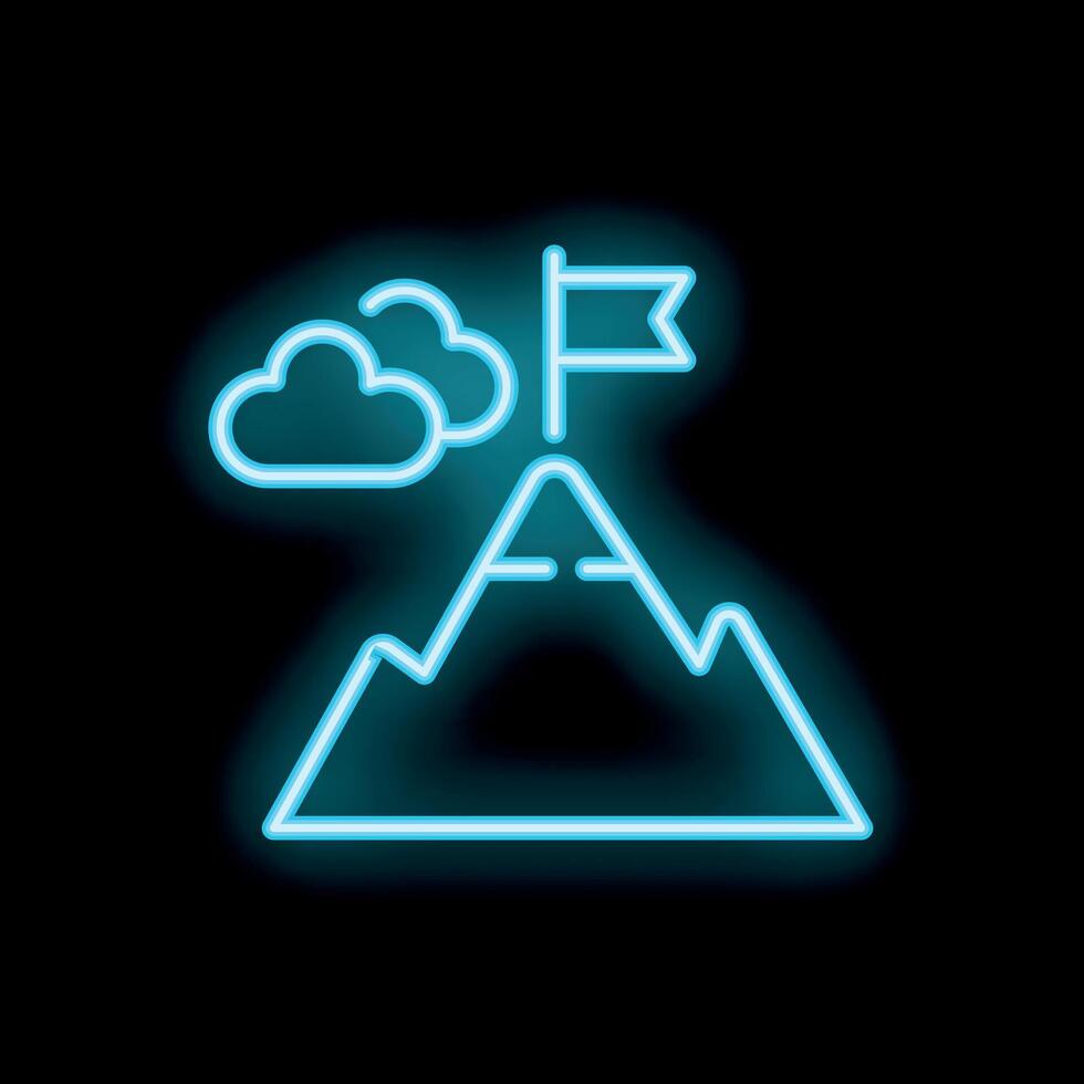 Neon sign representing reaching goal with flag on mountain top vector