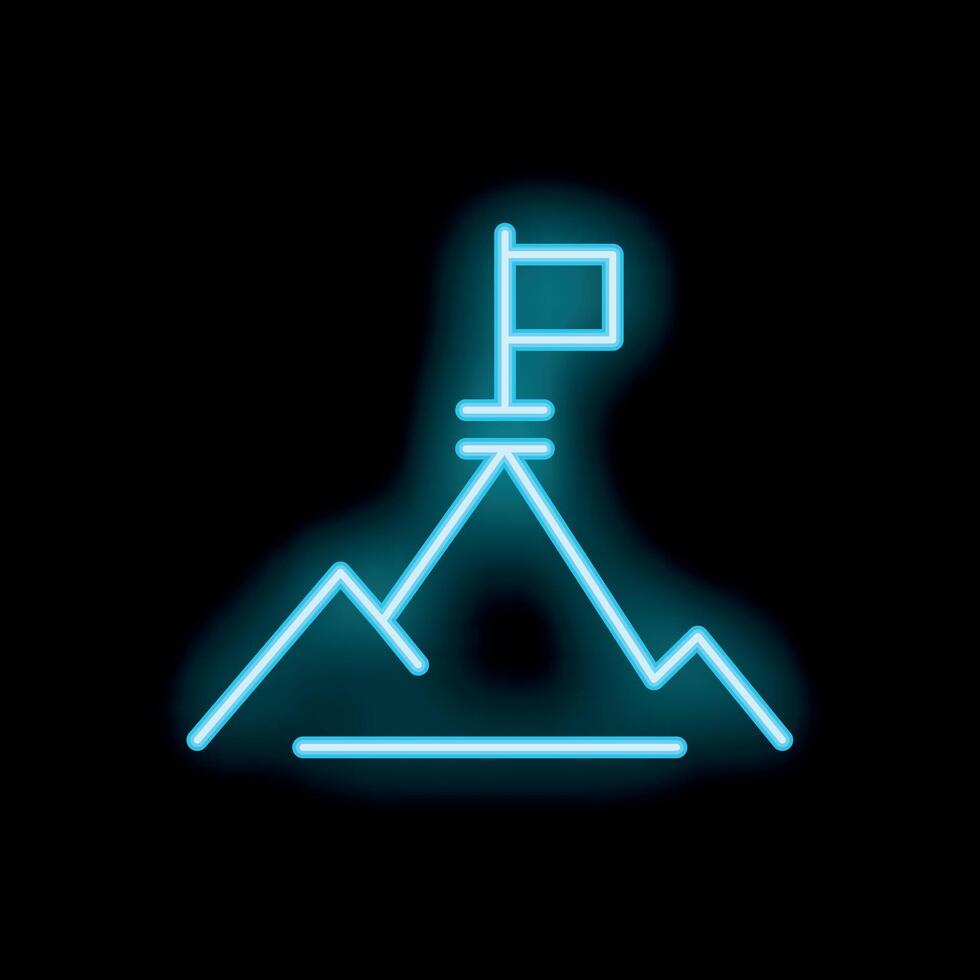 Neon sign representing reaching a goal with a flag on a mountain top vector