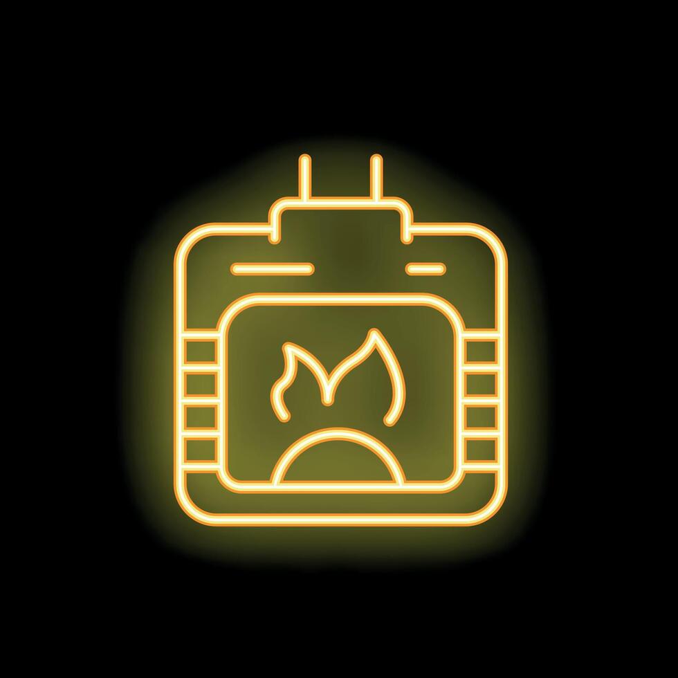 Yellow neon icon of a modern fireplace burning on black background vector