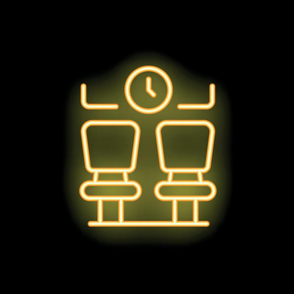 Neon waiting room icon with chairs and clock glowing yellow vector