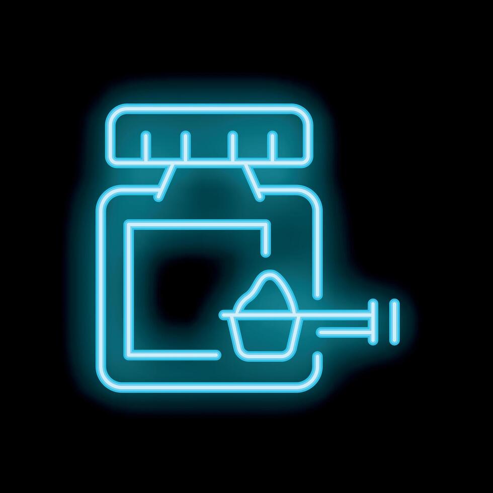 Neon blue baby milk formula container with measuring spoon and syringe icon on black background vector